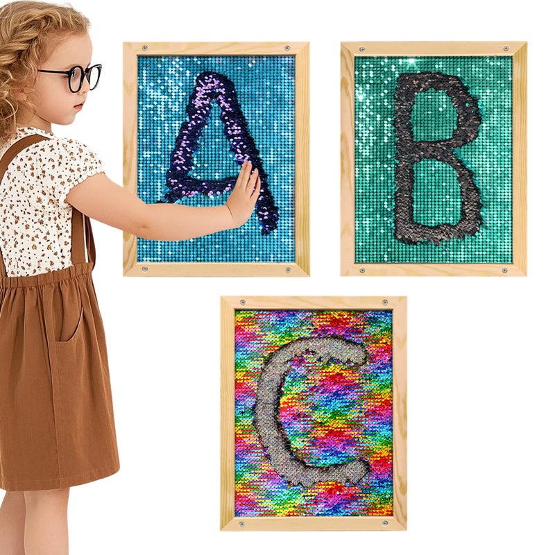 3 Pcs Flip Sequin Fabric Wood Frame Wall Panel Sensory Toy Reversible Sequin Flip Fabric Mat with Wood Frame Interactive Sensory Board for Play Learning Wall Hangings Decoration